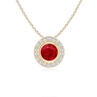 5mm AAA Round Bezel-Set Ruby Pendant with Diamond Halo in Yellow Gold