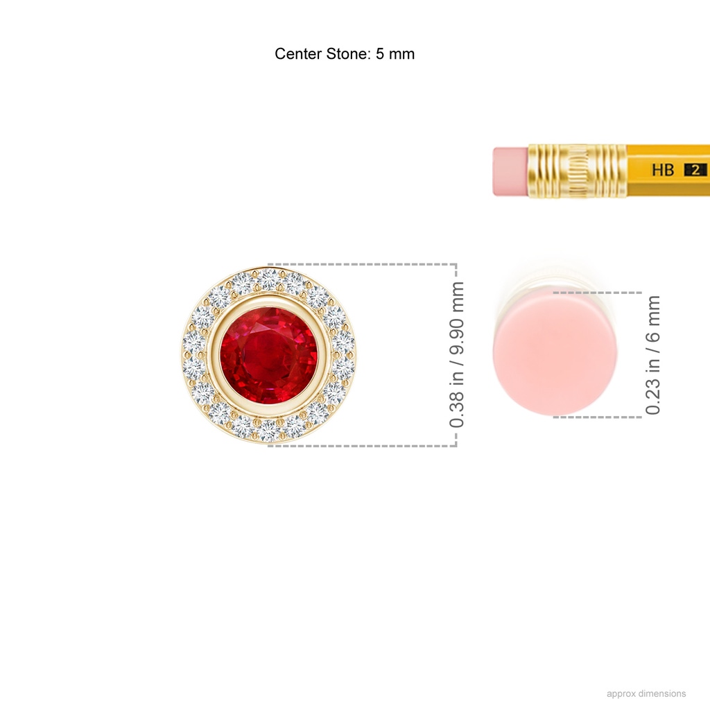 5mm AAA Round Bezel-Set Ruby Pendant with Diamond Halo in Yellow Gold ruler