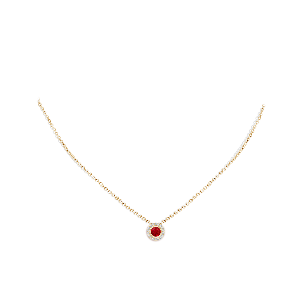 5mm AAA Round Bezel-Set Ruby Pendant with Diamond Halo in Yellow Gold pen