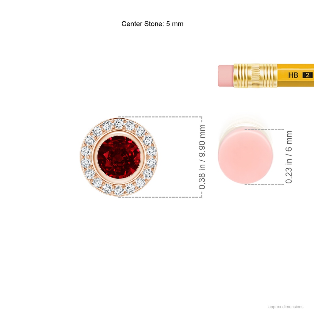5mm AAAA Round Bezel-Set Ruby Pendant with Diamond Halo in Rose Gold ruler