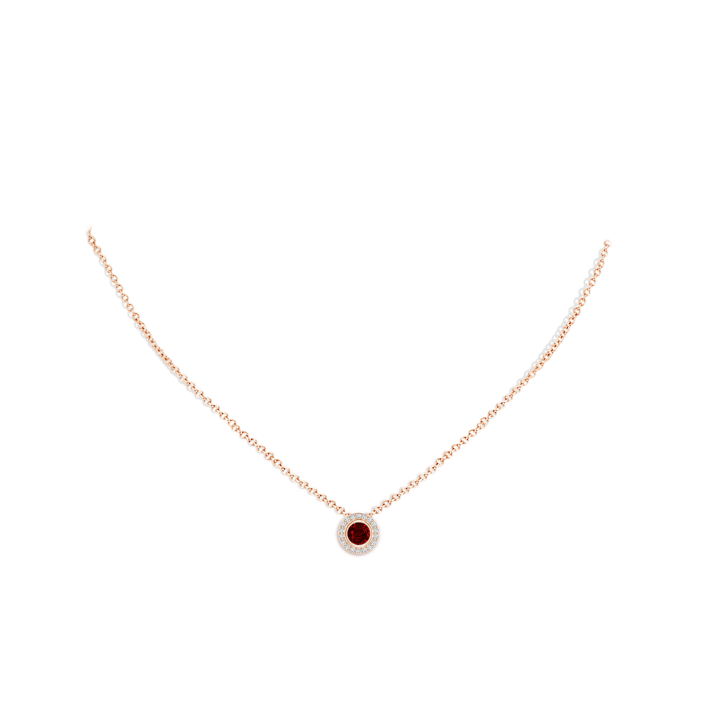 5mm AAAA Round Bezel-Set Ruby Pendant with Diamond Halo in Rose Gold pen