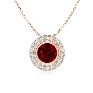 6mm AAAA Round Bezel-Set Ruby Pendant with Diamond Halo in 18K Rose Gold