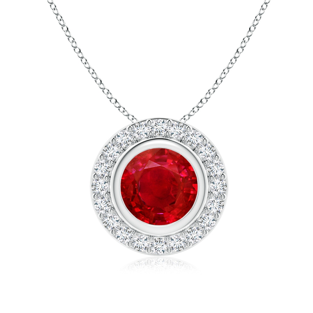 7mm AAA Round Bezel-Set Ruby Pendant with Diamond Halo in White Gold