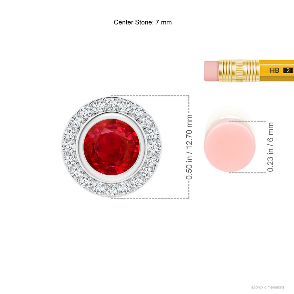 7mm AAA Round Bezel-Set Ruby Pendant with Diamond Halo in White Gold ruler