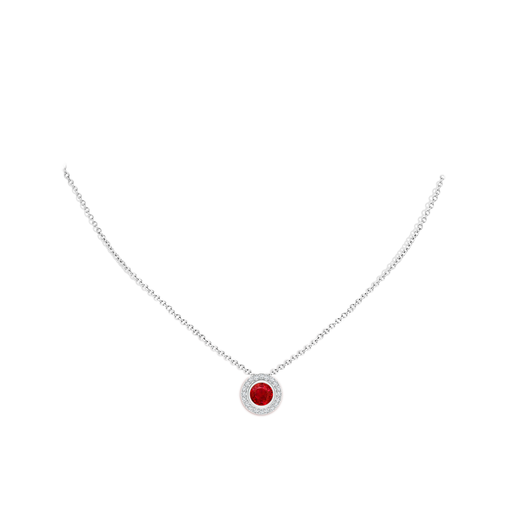 7mm AAA Round Bezel-Set Ruby Pendant with Diamond Halo in White Gold pen