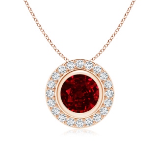 7mm AAAA Round Bezel-Set Ruby Pendant with Diamond Halo in Rose Gold