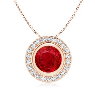 8mm AAA Round Bezel-Set Ruby Pendant with Diamond Halo in 18K Rose Gold