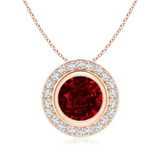 8mm AAAA Round Bezel-Set Ruby Pendant with Diamond Halo in 18K Rose Gold