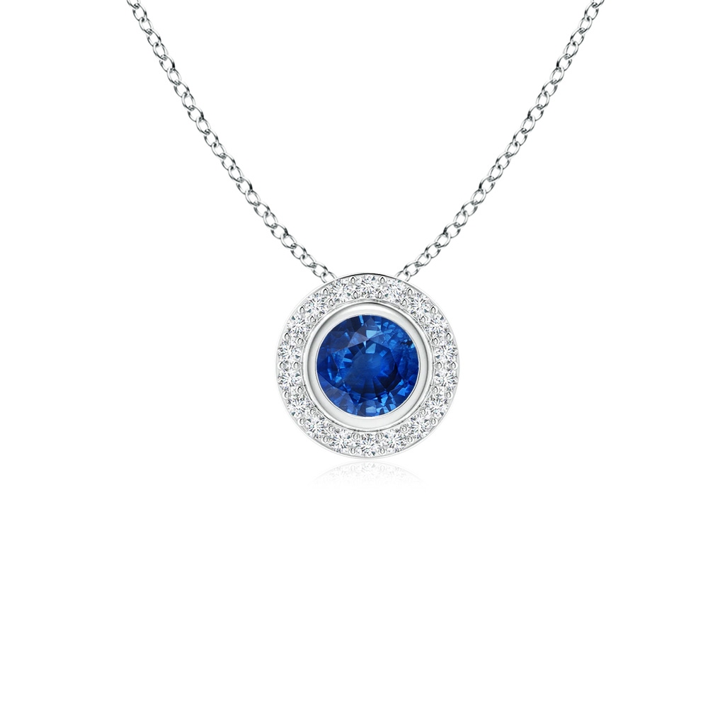 4mm AAA Round Bezel-Set Sapphire Pendant with Diamond Halo in White Gold