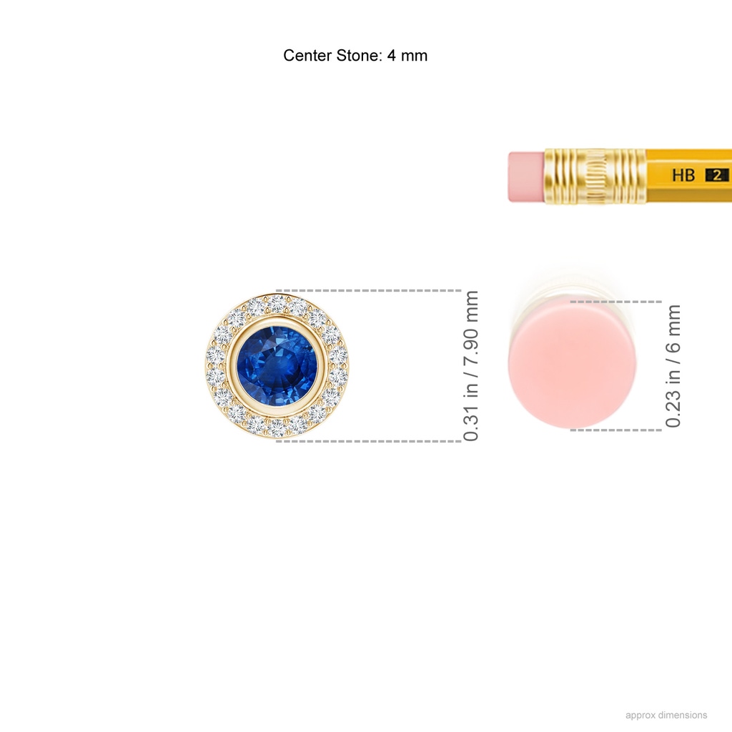 4mm AAA Round Bezel-Set Sapphire Pendant with Diamond Halo in Yellow Gold ruler