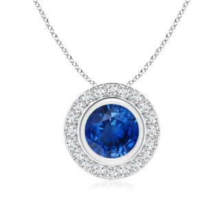 7mm AAA Round Bezel-Set Sapphire Pendant with Diamond Halo in White Gold