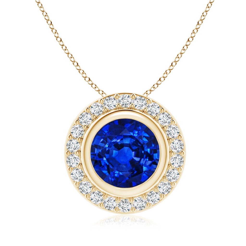 8mm Lab-Grown Round Bezel-Set Sapphire Pendant with Diamond Halo in Yellow Gold