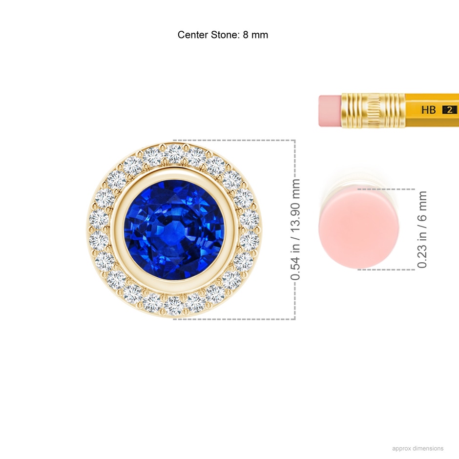 8mm Lab-Grown Round Bezel-Set Sapphire Pendant with Diamond Halo in Yellow Gold ruler