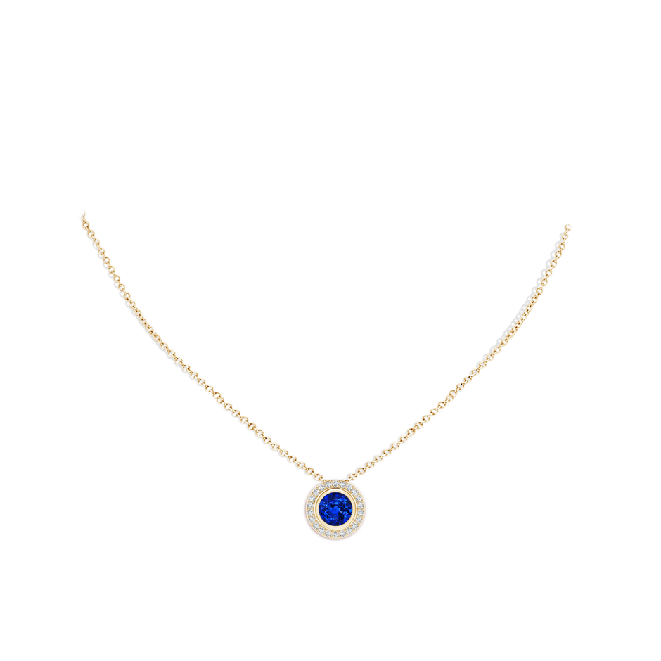 8mm Lab-Grown Round Bezel-Set Sapphire Pendant with Diamond Halo in Yellow Gold pen