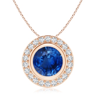 9mm AAA Round Bezel-Set Sapphire Pendant with Diamond Halo in Rose Gold