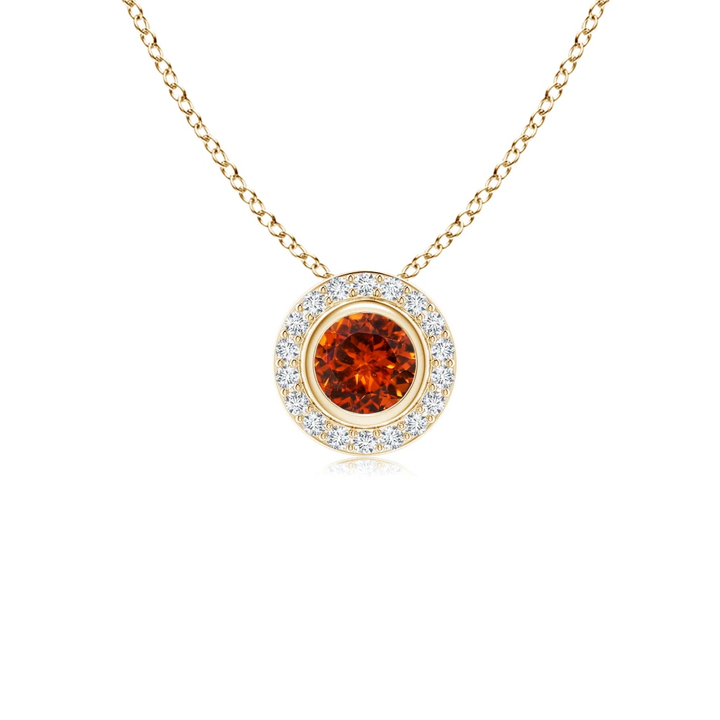 4mm AAAA Round Bezel-Set Spessartite Pendant with Diamond Halo in Yellow Gold