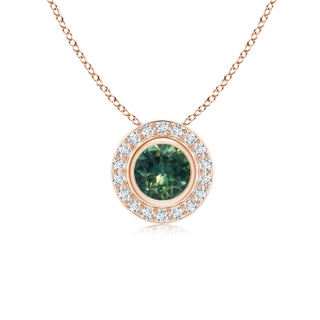 5mm AA Round Bezel-Set Teal Montana Sapphire Pendant with Diamond Halo in Rose Gold