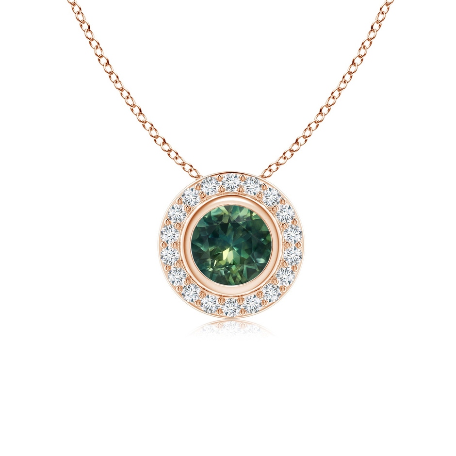 5mm AA Round Bezel-Set Teal Montana Sapphire Pendant with Diamond Halo in Rose Gold 