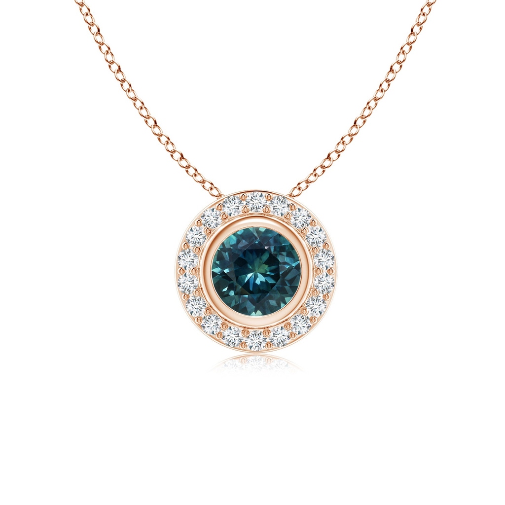 5mm AAA Round Bezel-Set Teal Montana Sapphire Pendant with Diamond Halo in Rose Gold
