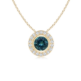 5mm AAA Round Bezel-Set Teal Montana Sapphire Pendant with Diamond Halo in Yellow Gold