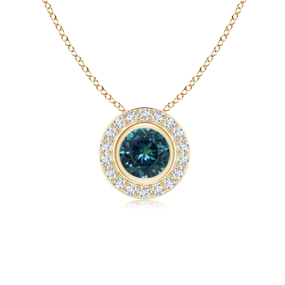 5mm AAA Round Bezel-Set Teal Montana Sapphire Pendant with Diamond Halo in Yellow Gold 