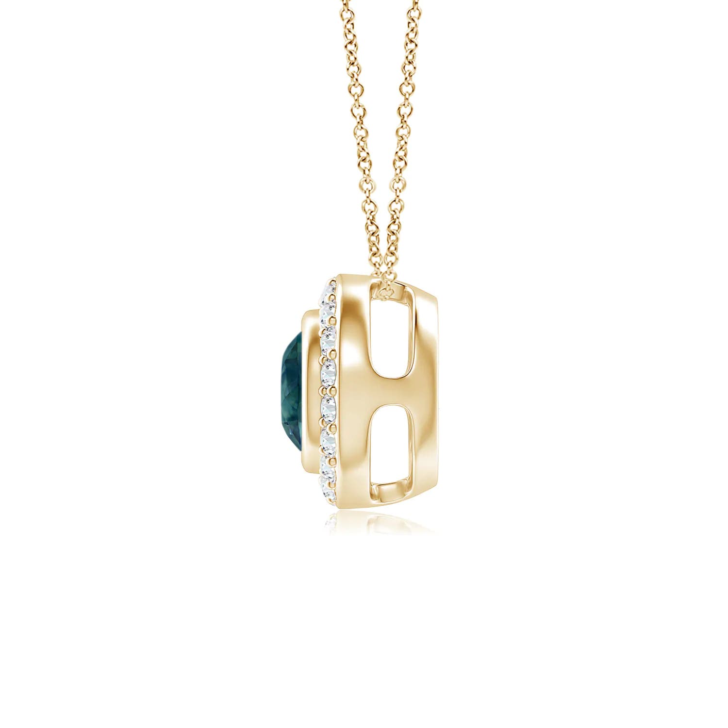 5mm AAA Round Bezel-Set Teal Montana Sapphire Pendant with Diamond Halo in Yellow Gold