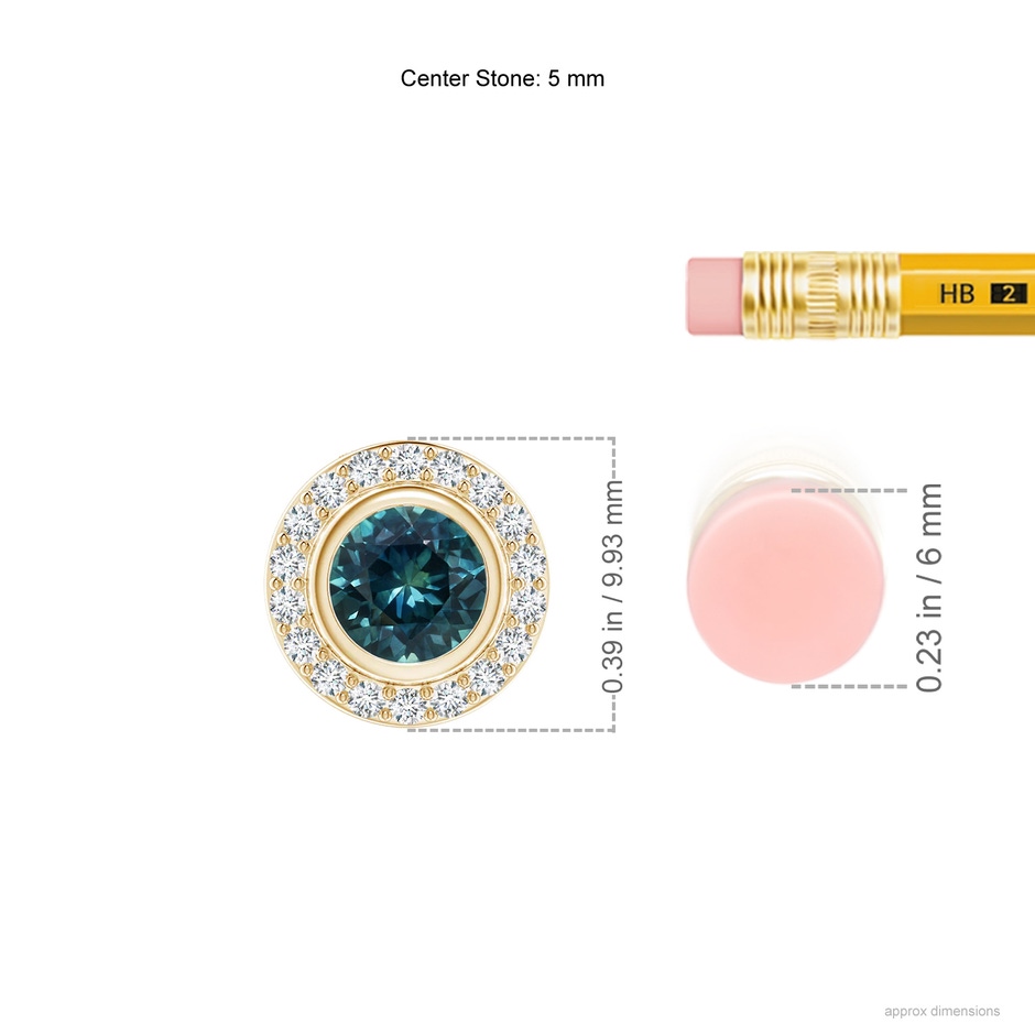 5mm AAA Round Bezel-Set Teal Montana Sapphire Pendant with Diamond Halo in Yellow Gold ruler