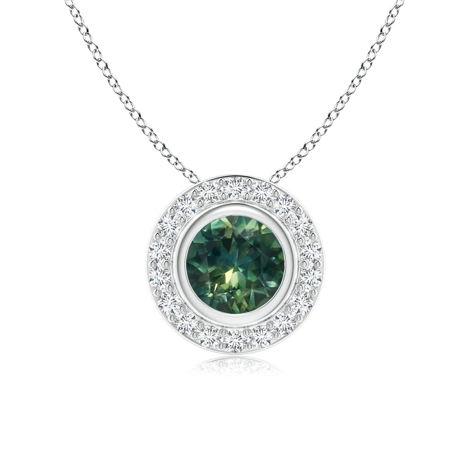 6mm AA Round Bezel-Set Teal Montana Sapphire Pendant with Diamond Halo in P950 Platinum 