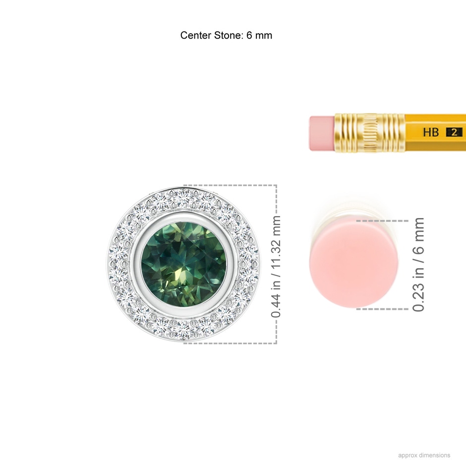 6mm AA Round Bezel-Set Teal Montana Sapphire Pendant with Diamond Halo in P950 Platinum ruler