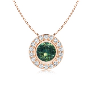 6mm AA Round Bezel-Set Teal Montana Sapphire Pendant with Diamond Halo in Rose Gold