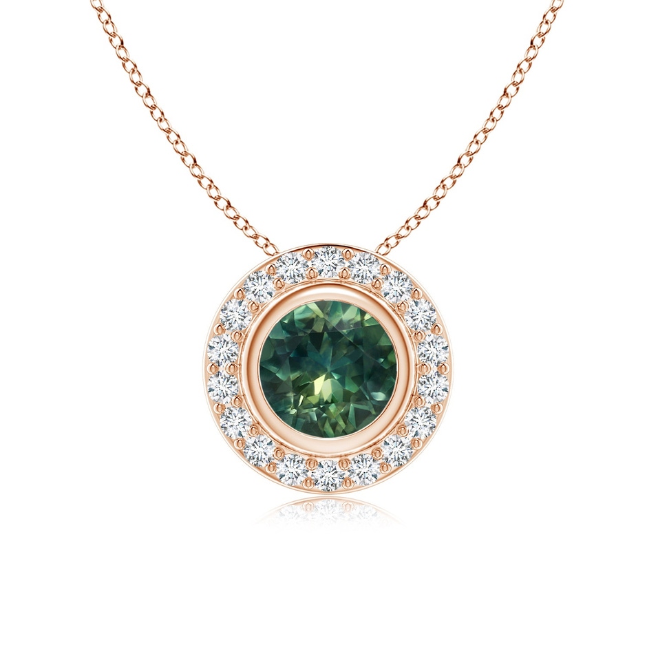 6mm AA Round Bezel-Set Teal Montana Sapphire Pendant with Diamond Halo in Rose Gold 