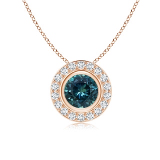 6mm AAA Round Bezel-Set Teal Montana Sapphire Pendant with Diamond Halo in Rose Gold