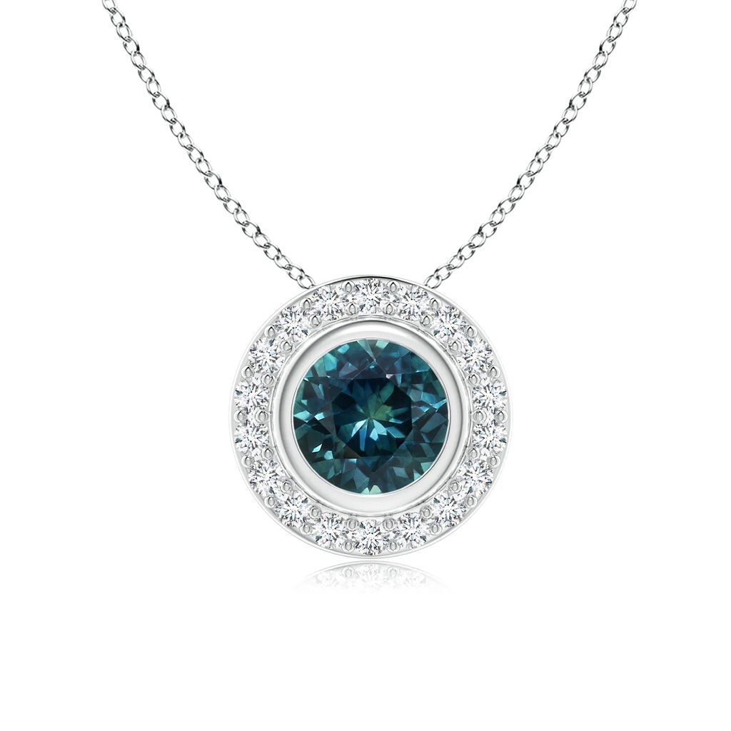 6mm AAA Round Bezel-Set Teal Montana Sapphire Pendant with Diamond Halo in White Gold
