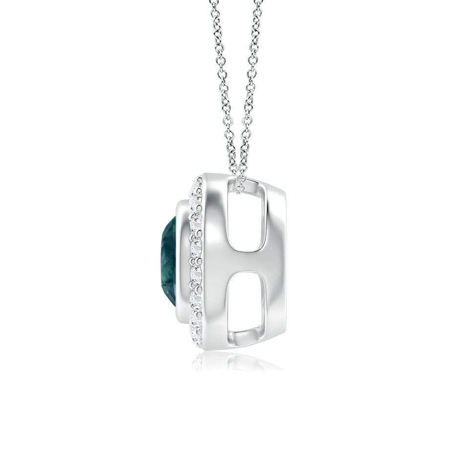 6mm AAA Round Bezel-Set Teal Montana Sapphire Pendant with Diamond Halo in White Gold side 1