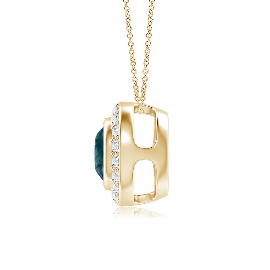 6mm AAA Round Bezel-Set Teal Montana Sapphire Pendant with Diamond Halo in Yellow Gold side 1