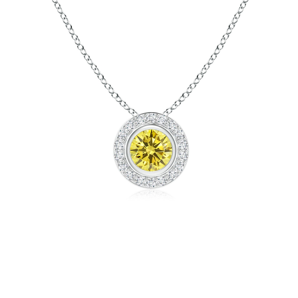 4mm AAAA Round Bezel-Set Fancy Intense Yellow Diamond Pendant with Halo in P950 Platinum