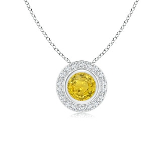 5mm AAA Round Bezel-Set Yellow Sapphire Pendant with Diamond Halo in White Gold