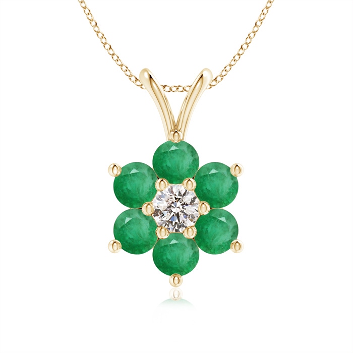 2.5mm A Classic Six Petal Emerald Flower Pendant with Diamond in Yellow Gold 