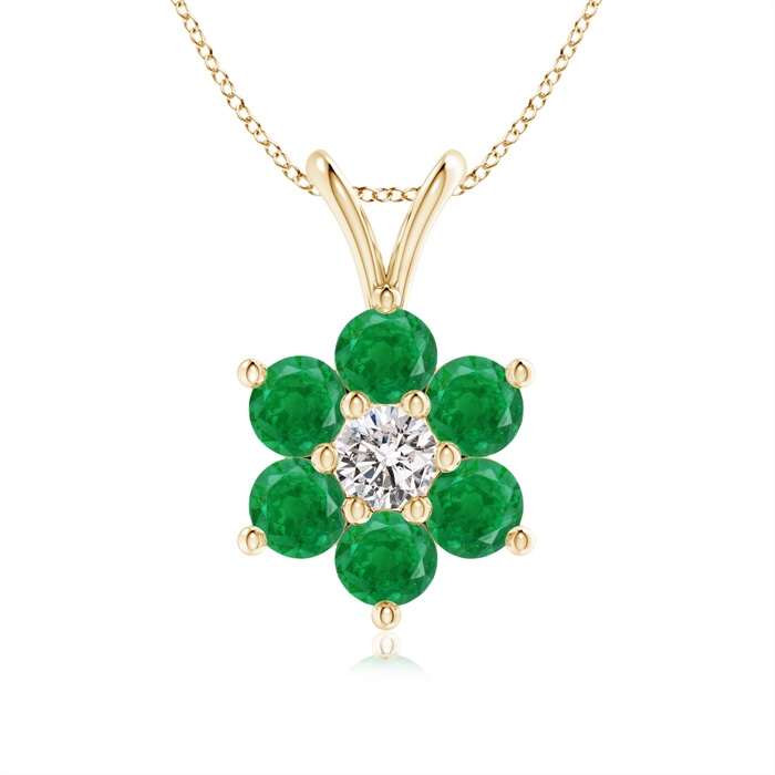 2.5mm AA Classic Six Petal Emerald Flower Pendant with Diamond in Yellow Gold 