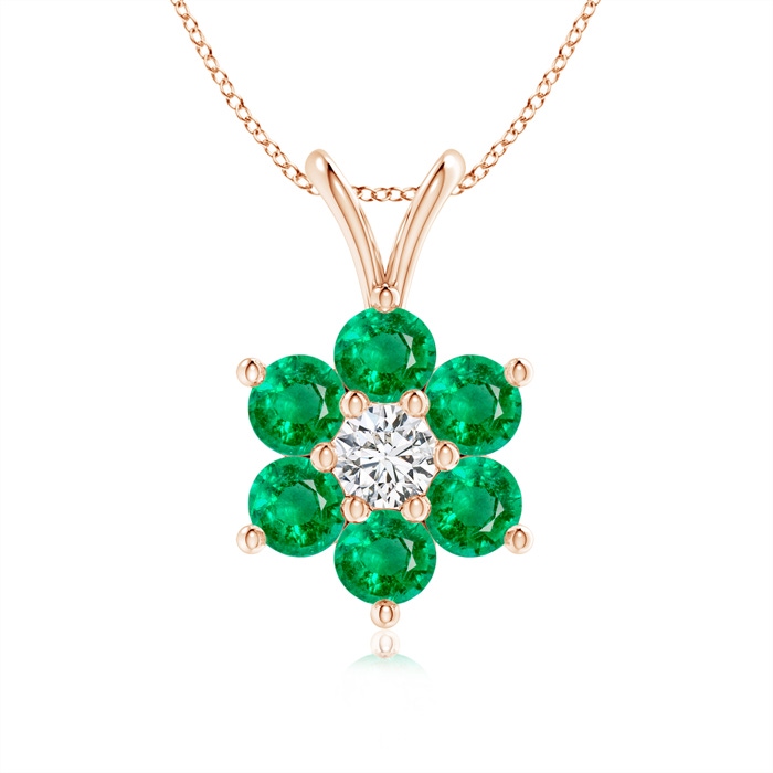2.5mm AAA Classic Six Petal Emerald Flower Pendant with Diamond in Rose Gold 