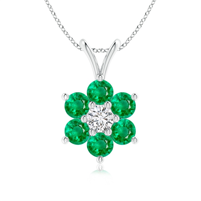 2.5mm AAA Classic Six Petal Emerald Flower Pendant with Diamond in White Gold