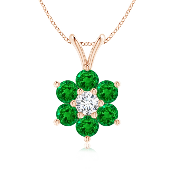 2.5mm AAAA Classic Six Petal Emerald Flower Pendant with Diamond in Rose Gold 