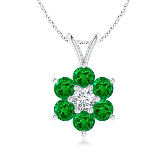 2.5mm AAAA Classic Six Petal Emerald Flower Pendant with Diamond in White Gold
