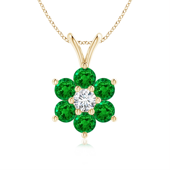 2.5mm AAAA Classic Six Petal Emerald Flower Pendant with Diamond in Yellow Gold