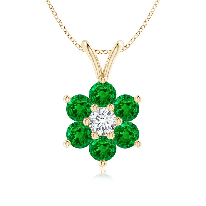 2.5mm AAAA Classic Six Petal Emerald Flower Pendant with Diamond in Yellow Gold