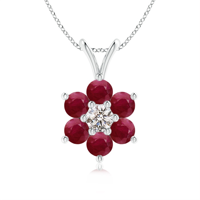 2.5mm A Classic Six Petal Ruby Flower Pendant with Diamond in White Gold 