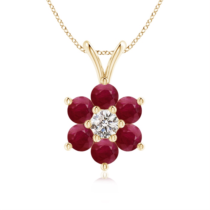 2.5mm A Classic Six Petal Ruby Flower Pendant with Diamond in Yellow Gold 