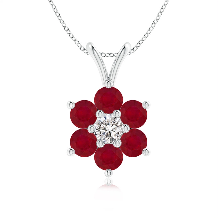 2.5mm AA Classic Six Petal Ruby Flower Pendant with Diamond in White Gold 