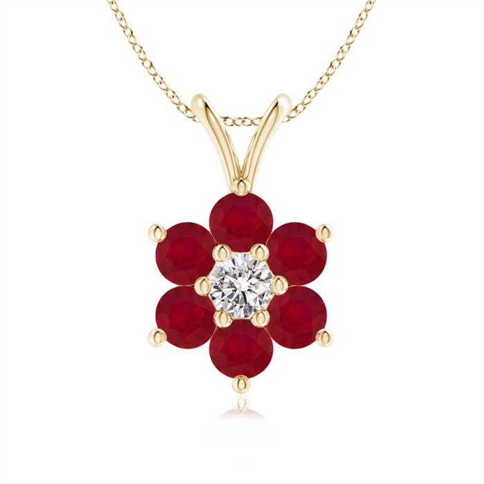 2.5mm AA Classic Six Petal Ruby Flower Pendant with Diamond in Yellow Gold 