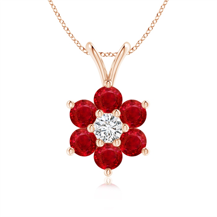 2.5mm AAA Classic Six Petal Ruby Flower Pendant with Diamond in Rose Gold 